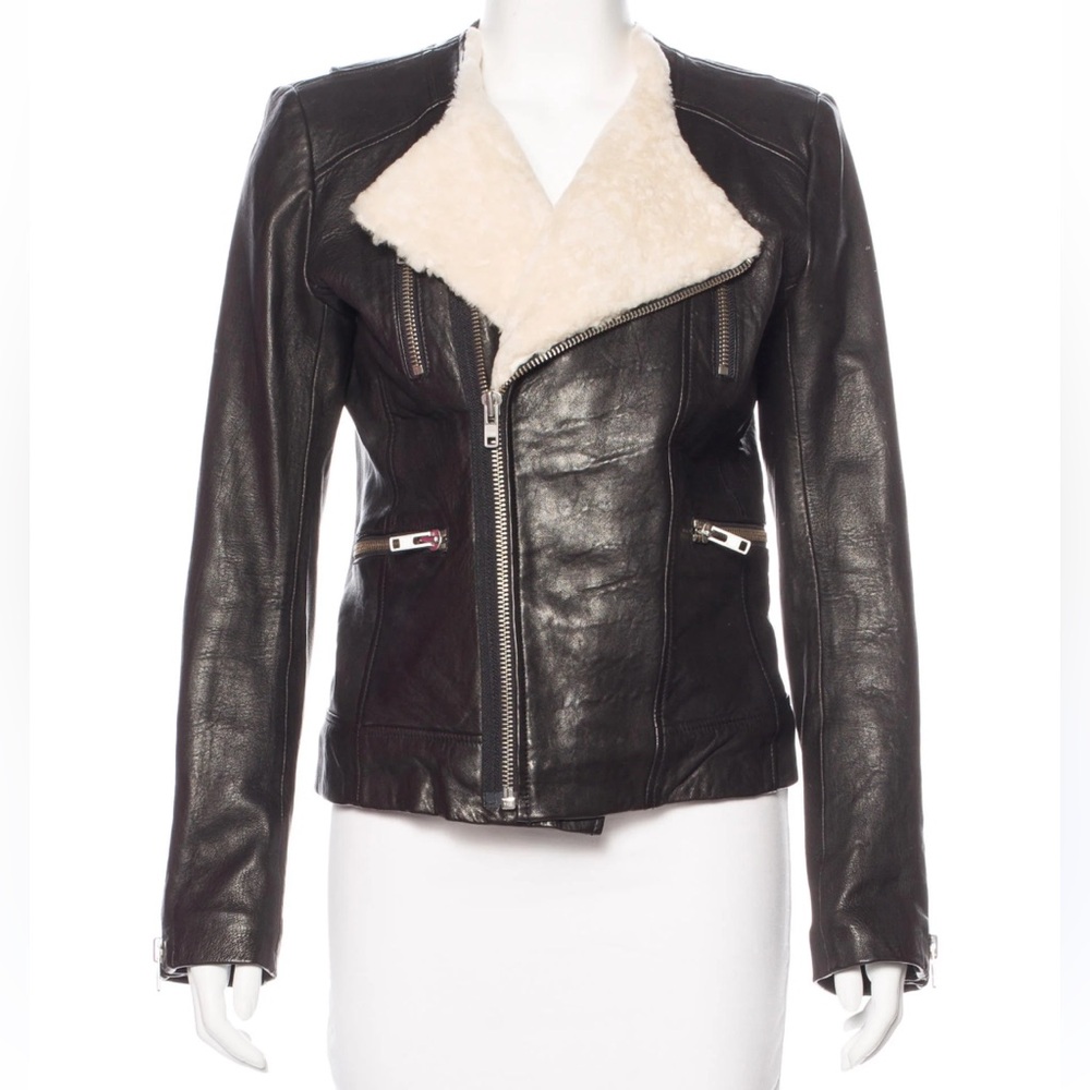 IRO WOMENS SHEARLING MOTTO LEATHER JACKET, SIZE US 0 (EU 30),BLACK